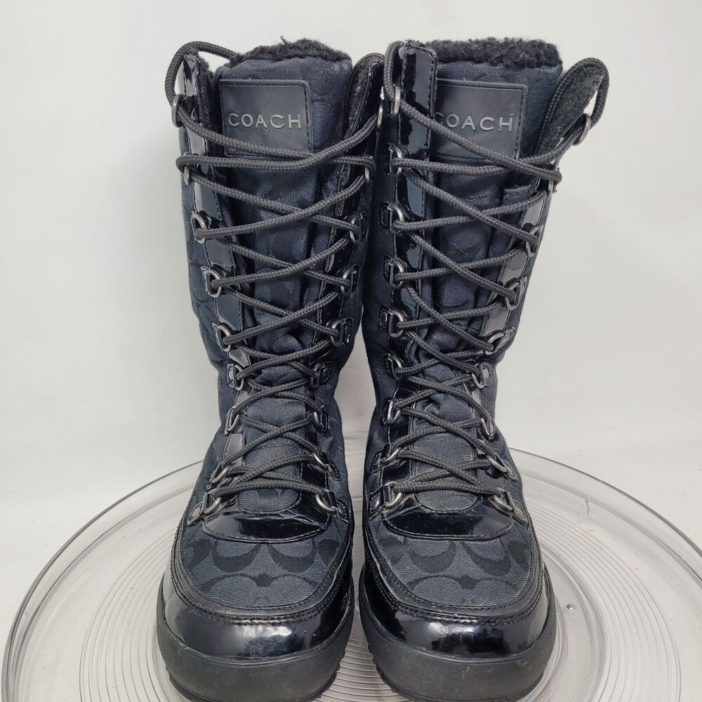 Coach Peggey Boots Womens 7.5 Signature Black Peggy Lace Up Mid-Calf Winter Snow - Picture 2 of 7